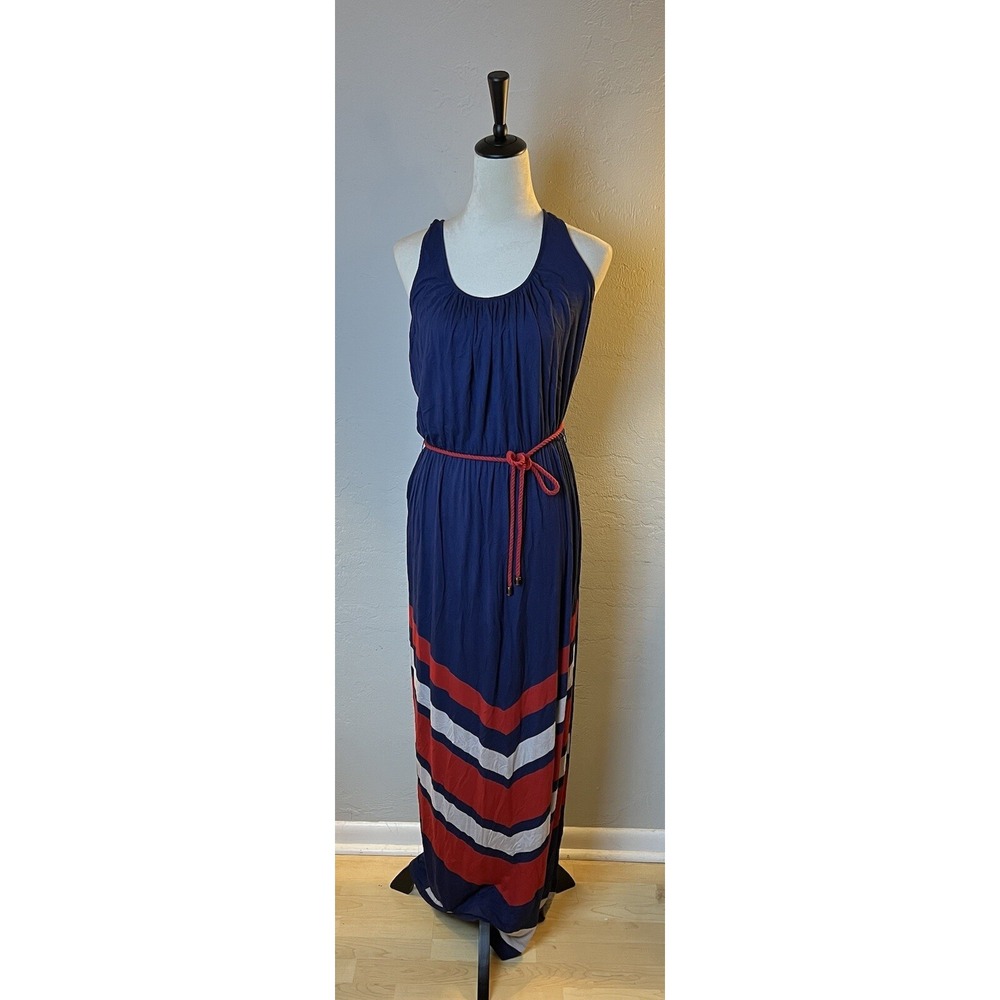 Kardashian Kollection Blue Maxi Dress With Red Strip And Rope Belt Size Large